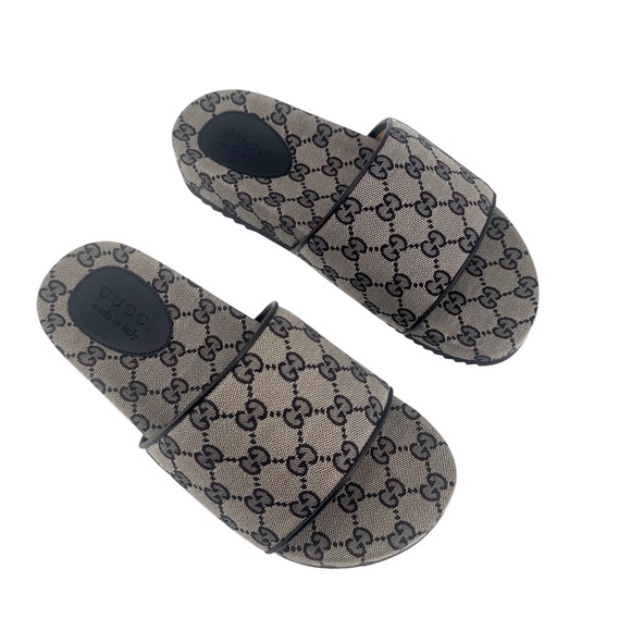 Gucci New in Box GG Logo Lavaredo Canvas/ Leather Slides Sandals - Picture 1 of 14
